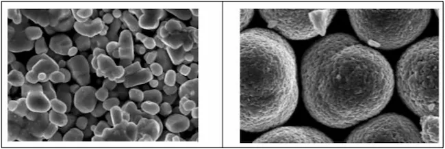 SEM image comparison of single crystal (left) and polycrystalline (right) cathode materials